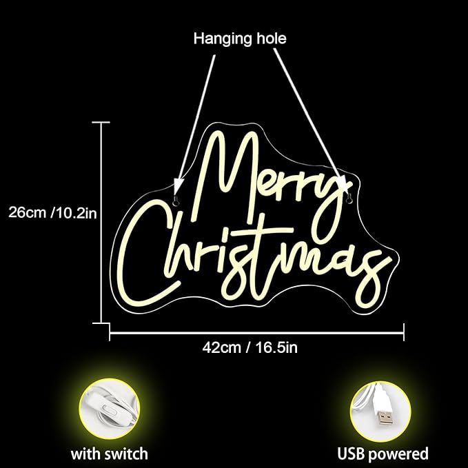WLHOPE Merry Christmas Neon Sign Dimmable Neon Signs For Wall Decor Led Lights For Christmas Bar Man Cave Club Party Room Shop Window Bedroom Decoration Gifts USB Powered 12.6x16.14in