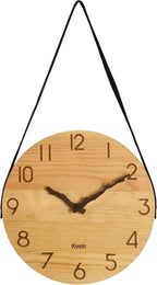 Kesin Wooden Wall Clocks 10 inch Silent Wall Clock Battery Operated Hand Made Round Farmhouse Clock with Rope Hanging Home Decor for Kitchen, Living Room, Bedroom, Office (Nature)