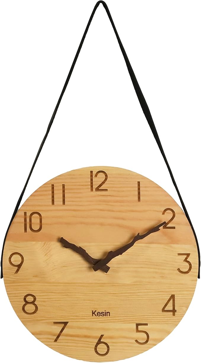 Kesin Wooden Wall Clocks 10 inch Silent Wall Clock Battery Operated Hand Made Round Farmhouse Clock with Rope Hanging Home Decor for Kitchen, Living Room, Bedroom, Office (Nature)