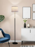 60" Modern Floor Lamp for Living Room Bedroom, Standing Lamp with Oatmeal Linen Lampshade, Tall Lamp with A19 9W 3 Color Temperature Bulb, Foot Switch Control, Black & Gold