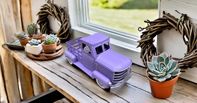 Metal Truck Decor,Farmhouse Truck Decor,Decorative Tabletop Storage & Pick-up Metal Truck Planter, 12.5" x 5.75" x 6.25" inches (Purple)