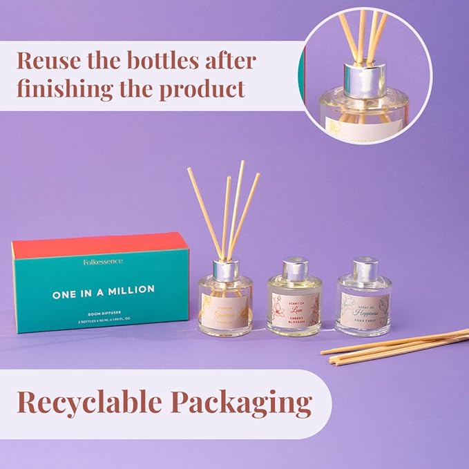 Folkulture Reed Diffuser Set of 3 with Sticks | Lavender Scent Diffusers for Home, Living Room, Office, Powder Room, Bathroom Accessories | Fragrance Oils with Natural Essential Oil |Million - 1.7 Oz