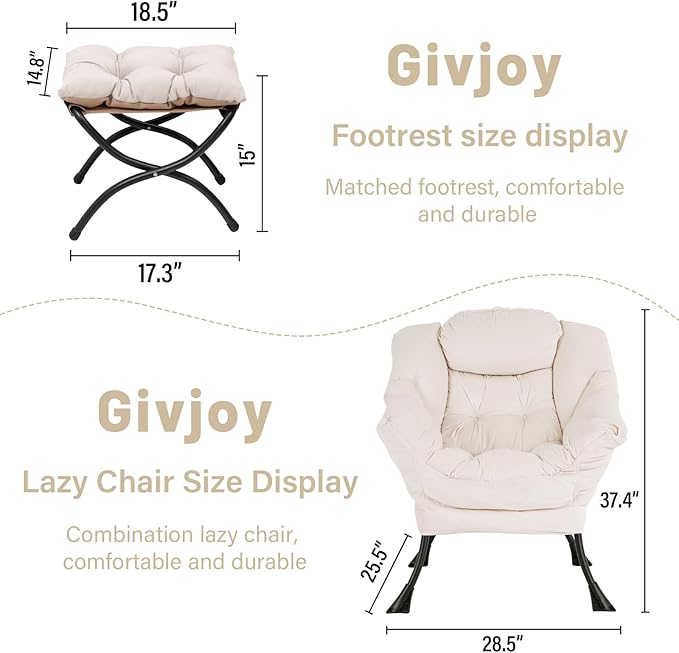 Lazy Chair and Ottoman, Large Accent Lounge Chair with Armrests and a Side Pocket, Modern Leisure Upholstered Sofa Reading Armchair with Footrest for Bedroom, Living Room, Dorm Rooms, Office