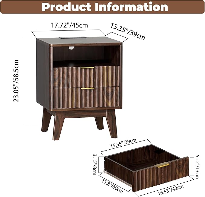 Nightstands with Charging Station, Modern Fluted 2 Drawers End Tables, Side Tables with Storage Shelf for Bedroom, Office, Walnut