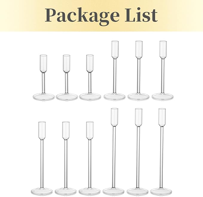 Hewory Glass Taper Candlestick Holders: Taper Candle Holders 12Pcs Glass Candle Stick Candle Holder, Clear Tall Candle Holders for Dinner Table Centerpiece Wedding Christmas Holiday Party Decorations