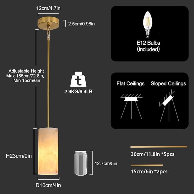 Alabaster Pendant Lights Kitchen Island, Brass Marble Pendant Lighting, Gold Modern Pendant Lights Fixtures for Bedroom Bathroom Living & Dinning Room(Include E12 Bulb)