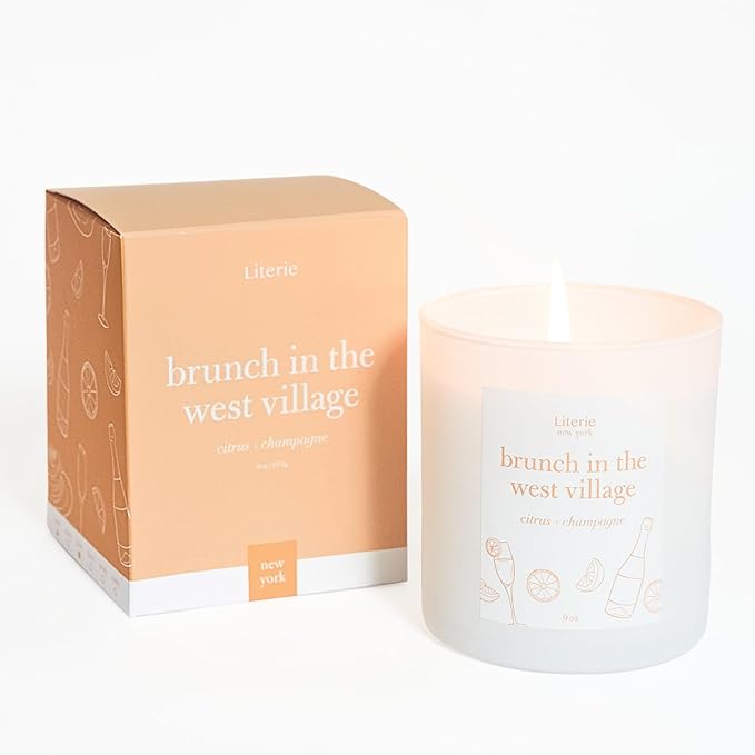 Literie NYC Inspired Scented Candle: Brunch in The West Village - Citrus & Champagne, 9oz, 50 Hour Burn, Vegan Soy & Coconut Blend Candle for Home Decor, Gift for Women & Men