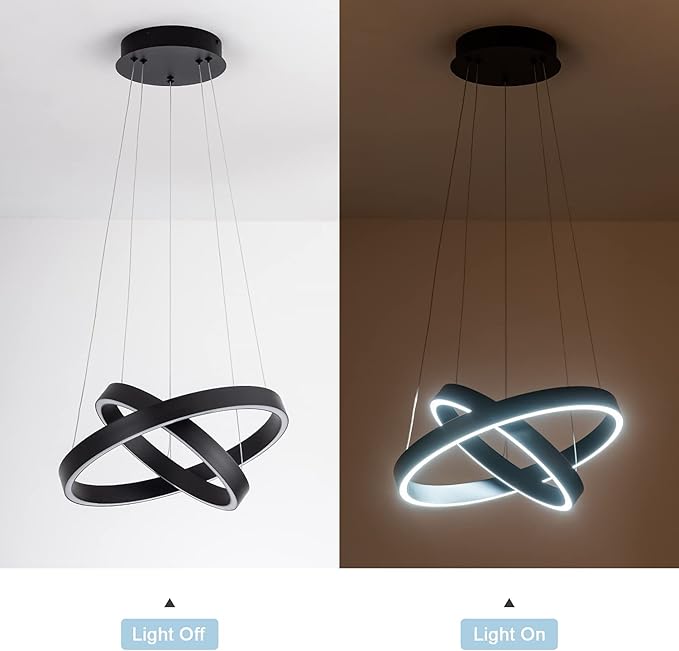 MADEM Room Decor Modern LED Pendant Light 2-Ring Circular Contemporary Chandelier Flush Mount Pendant Lighting for Living Dining Room Bedroom, 6000K Cool White, 36W, Black