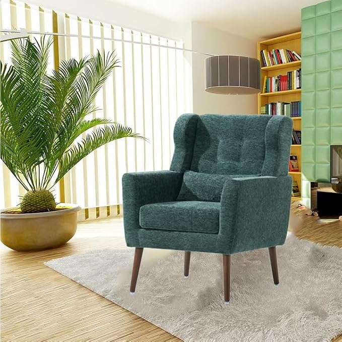 Accent Chair, Comfy Upholstered Living Room Chairs with High Tufted Backrest and Pillow, Wingback Reading Chair with Solid Wood Legs for Bedroom/Office, Chenille Fabric, Blackish Green