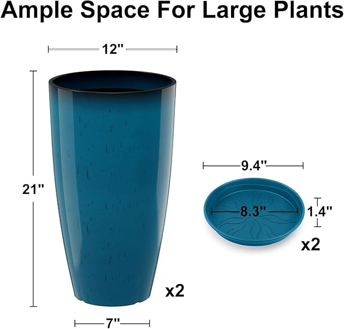 GameXcel Tall Flower Pot Indoor - Outdoor Plant Pot - Turquoise Glossy Planter - Elegant Stone Imitation - 12" Diameter 21" Tall with Drainage Holes and Saucer 2Pack