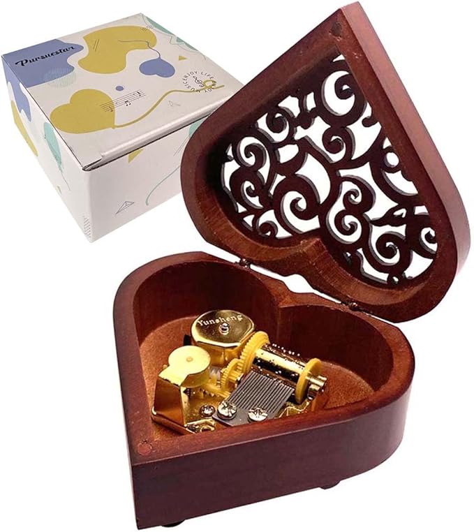 Pursuestar Amazing Grace Music Box, Heart Shaped Vintage Hollow Out Wood Mechanism Wind Up Musical Box Gifts for Birthday Christmas Wedding Valentine's Day