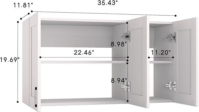 White Laundry Room Cabinets and Storage with 3 Doors and Utility Adjustable Shelf，Gabinetes Para Cocina Cupboard Kitchen Organizers and Storage Pantry Wall Mounted 12.4"D x 35.4"W x 19.7"H