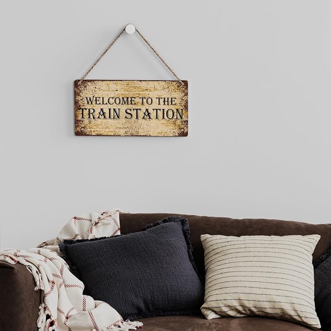 SENJIAN Rustic Train Station Wood Decor Sign, Retro Welcome to the Train Station Printed Wood Sign Wall Art, Hanging Door Sign, Decorative Wood Sign Home Decor 12" x 6"
