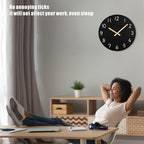 Plumeet 10'' Wooden Wall Clock Small Frameless Clocks with Silent Quartz Movement - Modern Style Village Wall Clocks Decorative Home Kitchen - Battery Operated (Black)