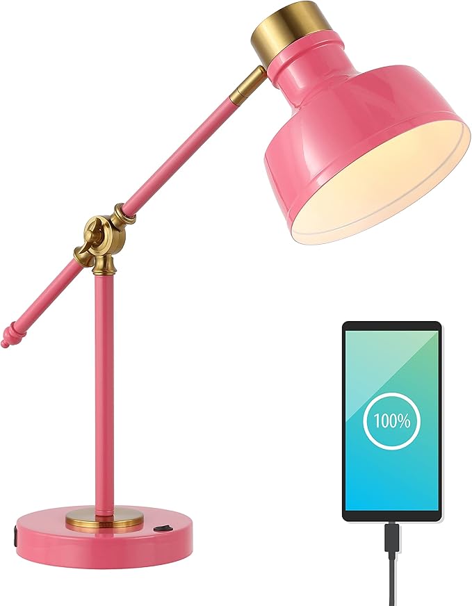 JONATHAN Y JYL7124D Allegra 18.5" Adjustable Cantilever LED Task Lamp, USB Charging Port, Classic, Coastal, Industrial, Farmhouse, Traditional for Bedroom, Living Room, Office, Pink/Brass Gold