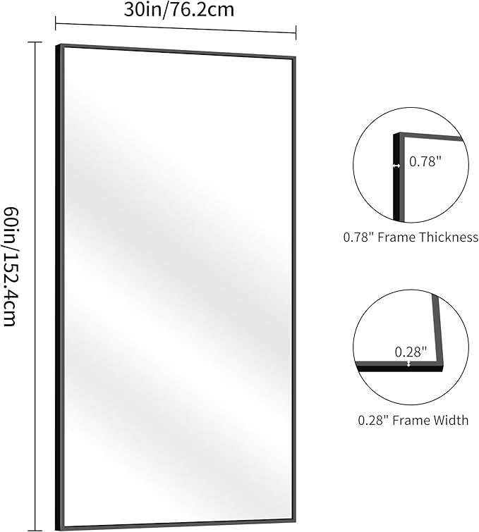 YIROMAN Bathroom Mirror 60"x30", Large Matte Black Bathroom Mirror for Over Sink with Aluminum Frame, Rectangular Vanity Mirror with Right Angle, Wall Mirror Hangs Horizontal or Vertical, Shatterproof