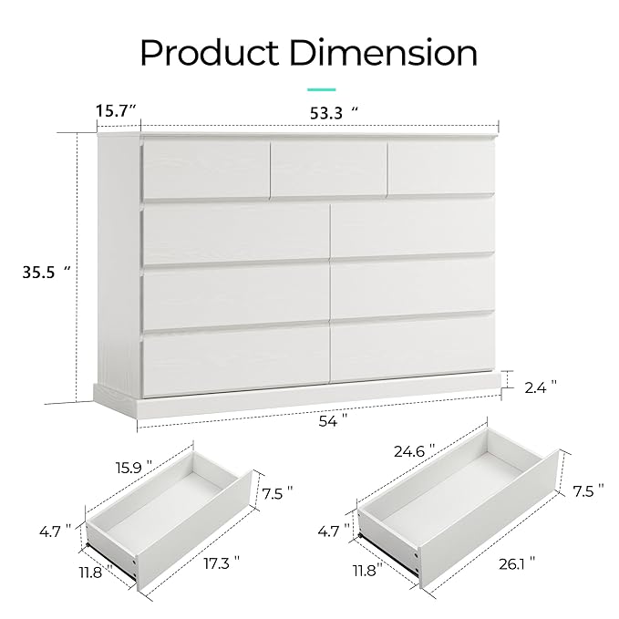 LINSY HOME 9 Drawer Dresser for Bedroom, 53" Wide Chest of Deep Drawers, Modern Farmhouse Wood Dressers with Storage, Large Drawer Organizer for Bedroom, Living Room, Handless Design, White