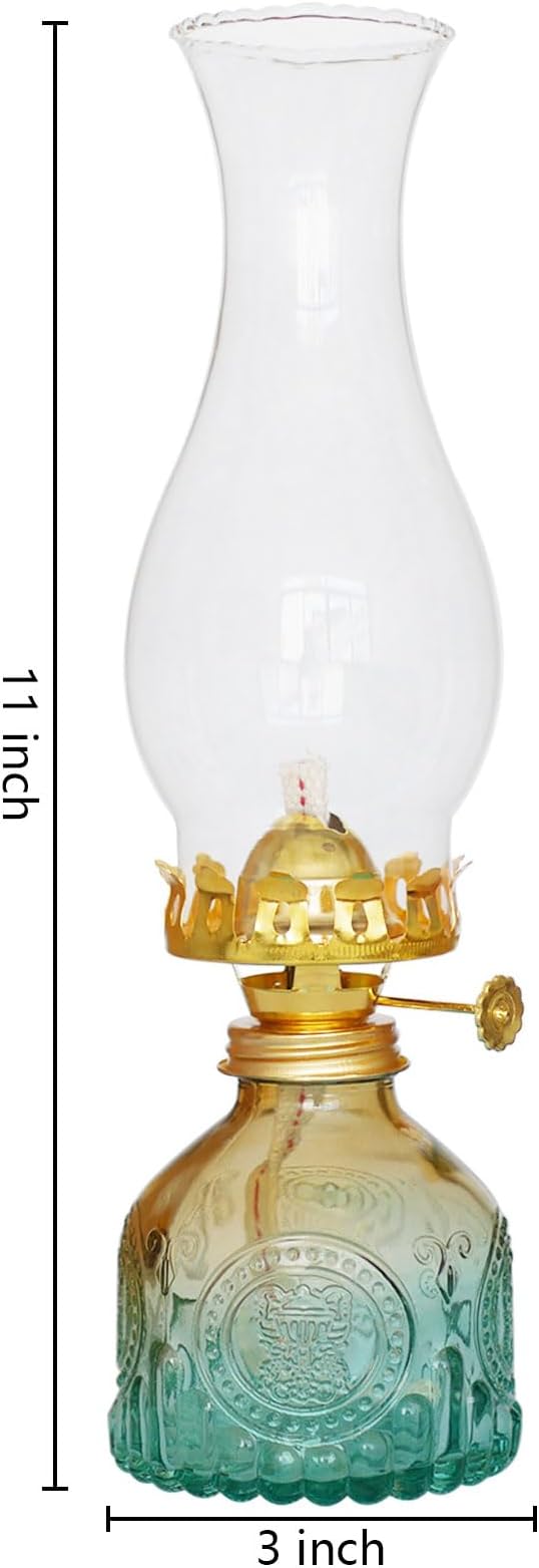 Glass Oil Lamp 2Pack, Oil Lamps for Indoor Use - 11"x3" Gradient Green Antique Kerosene Lamp, Vintage Oil Lantern for Home Decor, Outdoor Tabletop, Emergency Lighting & Props