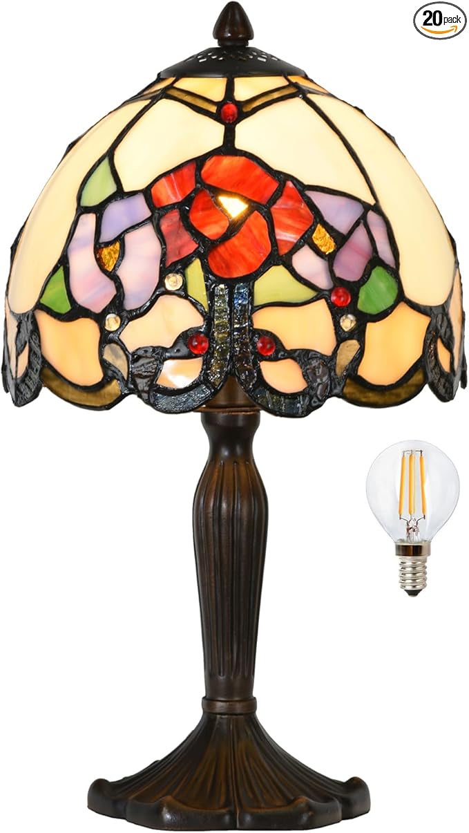 TL0010 Tiffany Lamp Rose Flowers Design Stained Glass Table Lamp 8" D x 14.25" H for Living Room Bedroom Bedside Nightstand Home Office, LED Buld Included (Rose Flower)