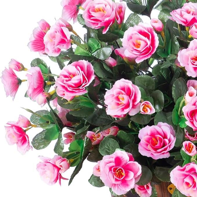 Artificial Fake Outdoor Outside Flowers Plants For Fall Decor, Faux Silk Pink Camellia UV Resistant Realistic for Front Door Porch Patio Planter Balcony Garden Yard Home Decor, 3 Large Bundles