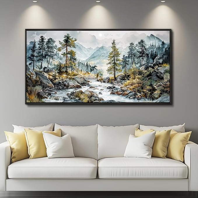 PHAOHUAXM Large Wall Art For Bedroom Wall Decor For Living Room Office Decoration Rivulet View Painting Forest Tree Landscape Watercolour Pictures Canvas Artworks Home Decor Black Framed 24x48 In