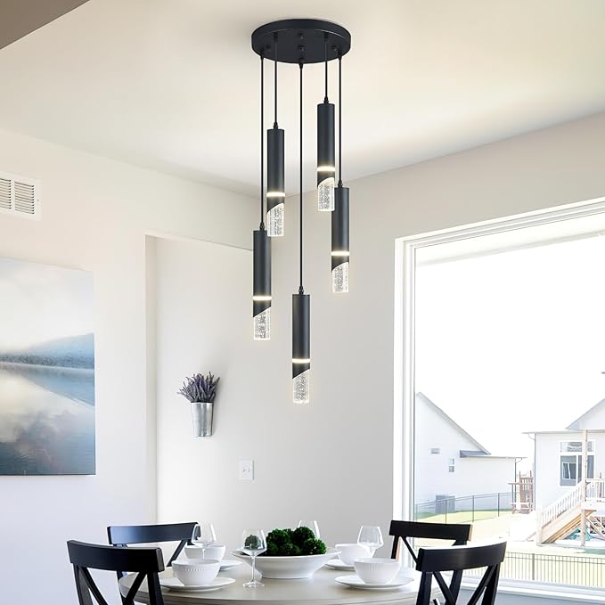 Modern Dimmable Led Pendant Lights Kitchen Island, Ideal for Living Room, Bedroom,Sink 30w LED Crystal Energy-Saving Hanging Lamp for Cozy Lighting (Black 5 Light)