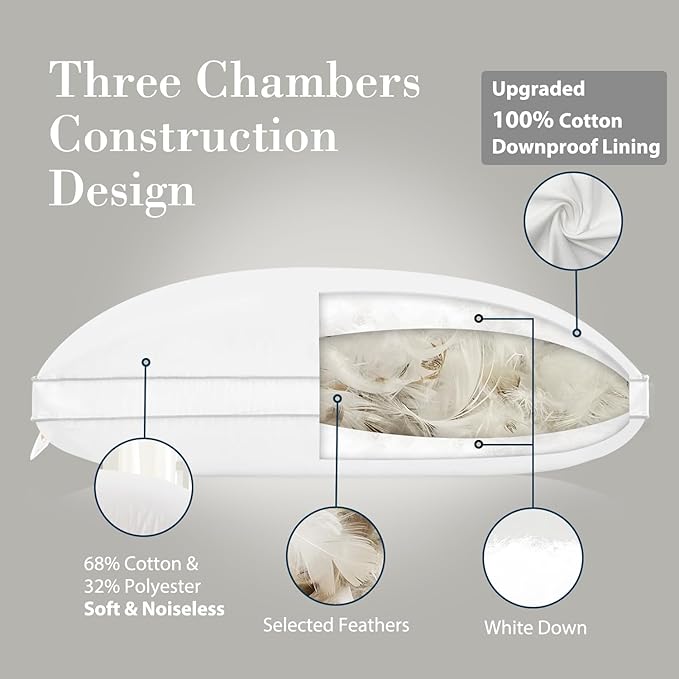 Globon Luxury Feather Down Pillow, Low Soft Fluffy Pillow Standard Queen Size, Gusseted Bed Pillows for Sleeping, Hotel Collection Pillows 18"X26", Set of 2