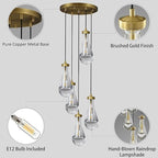 Gold 5 Light Cluster Pendant Lighting, Raindrop Chandeliers Brass Dining Room Lights Fixture, Teardrop Pendant Lights Kitchen Island, Hanging Lamp Ceiling for Entryway Foyer Staircase