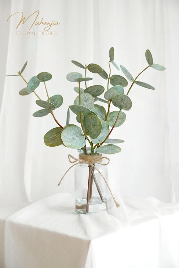 Artificial Eucalyptus Stems in Glass Vase with Faux Water,3Pcs Fake Plant with Double-Sided Green Leaves for Centerpiece(Double-Sided Green Eucalyptus)
