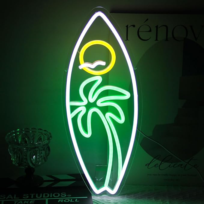 Surfboard Neon Sign Palm Tree Seagull Sun Neon Lights for Bedroom Surfing LED Sign Tropical Landscape Dimmable Neon Light Up Sign for Living Room Bar Man Cave Beach Decor Surfer Gifts