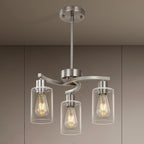 3-Light Brushed Nickel Dining Room Light Fixture,Modern Kitchen Chandeliers Over Table，Adjustable Height Industrial Hanging Pendant Lights for Kitchen Island with Glass Shade