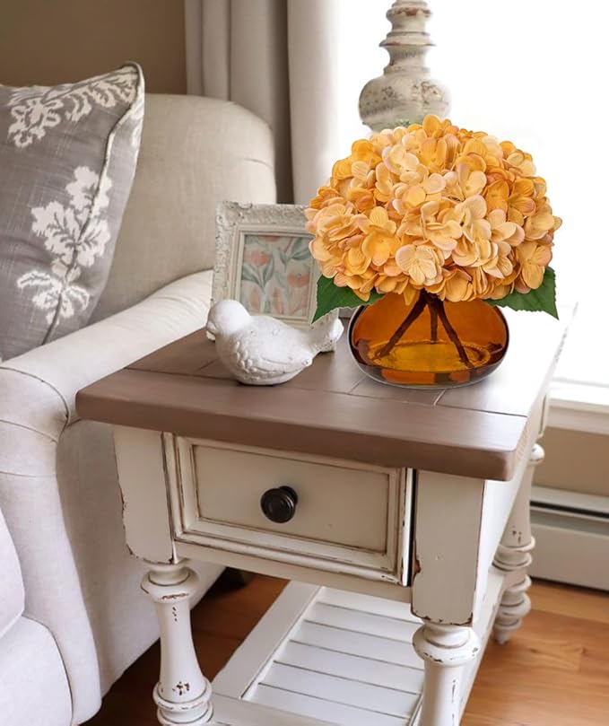 Hollyone Hydrangea Fall Flowers Artificial for Decoration with Glass Vase Yellowish Orange Silk Faux Flowers Arrangements in Vase with Fake Water Autumn Table Centerpiece Fall Decorations for Home