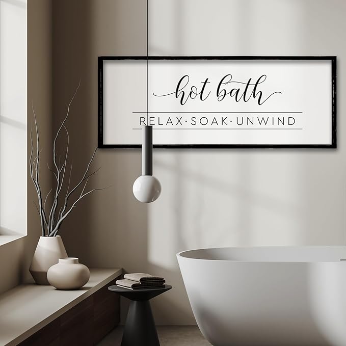 ZZJJHYWGQ Hot Bath Relax Soak Unwind Sign Bathroom Wall Decor 32"×12" Farmhouse Rustic Funny Bathroom Vintage Restroom Guest Large Wooden Framed Washroom Hanging Art (Black)