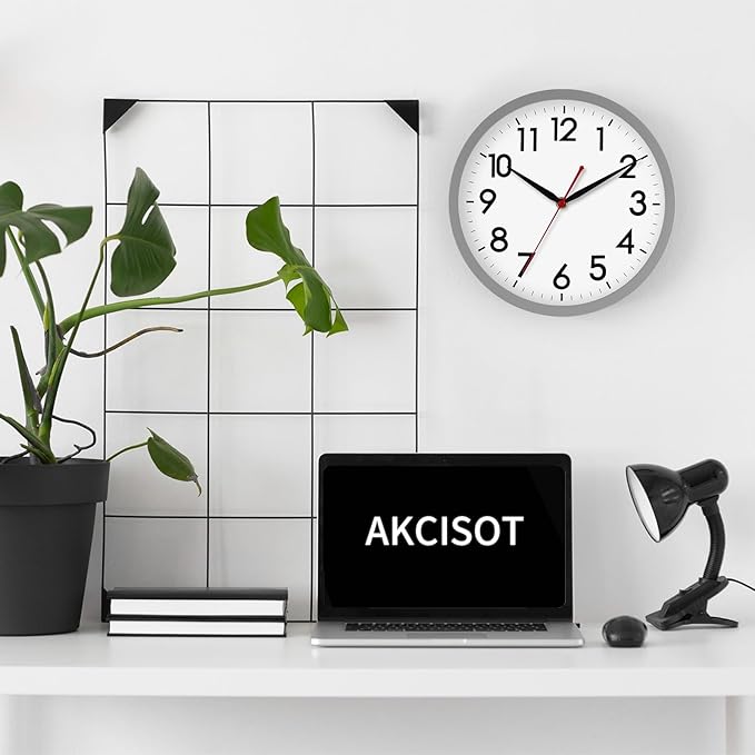 AKCISOT Wall Clock 10 Inch Silent Non-Ticking Modern Clocks Battery Operated - Analog Classic for Office, Home, Bathroom, Kitchen, Bedroom, School, Living Room(Gray)