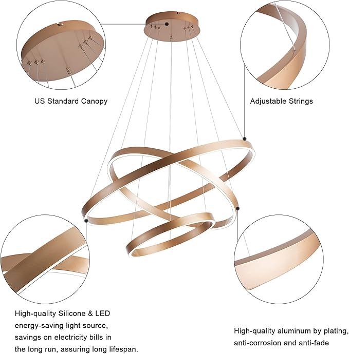 MADEM Modern LED Chandelier 3-Ring Circular Dimmable Pendant Light Contempoary Chanderlier Flush Mount Pendant Lighting for Living Room Dining Room, Bedroom,3000K-6000K,Gold
