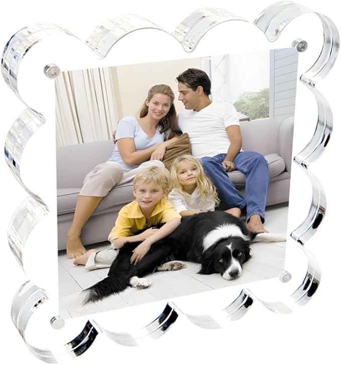 4x4 Inch Magnetic Acrylic Picture Frame,10+10mm Thick Block,Double Sided Clear scalloped frames for Desktop Display | Trendy Home Gift ((1 Pack), 4X4)