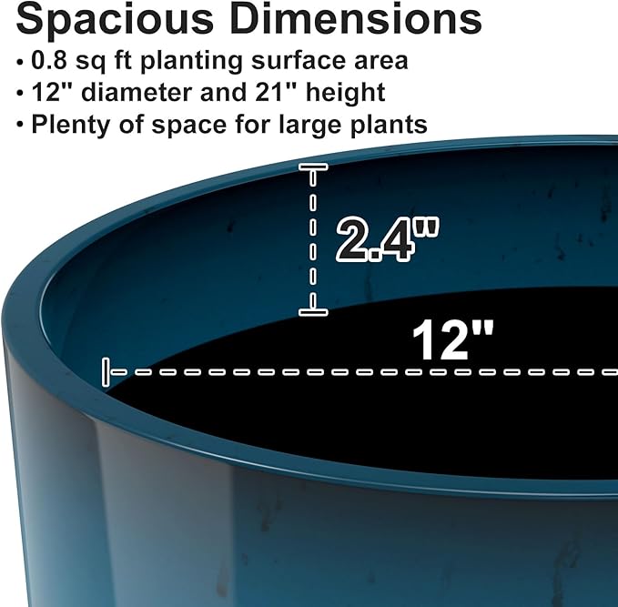 GameXcel Tall Flower Pot Indoor - Outdoor Plant Pot - Turquoise Glossy Planter - Elegant Stone Imitation - 12" Diameter 21" Tall with Drainage Holes and Saucer 2Pack