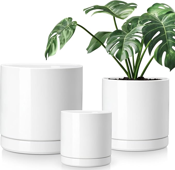 vancasso Ceramic Planters, Plant Pots for Indoor Plants, 6.25+8.25+10.25 Inch Ceramic Pots for Plants, Flower Pots with Drainage Holes, Planters Pot for Indoor House Plant, Set of 3, White