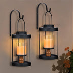 Metal Wall Sconce Candle Lantern Set of 2 - Black Wall Mounted Wood and Metal Hanging Holder with Glass & Candles Vintage Wall Decor for Porch, Living Room, Dining Room, Bedroom Indoor Decor