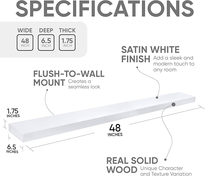Homeforia White Floating Shelf 48 inches, High End Solid Real Wood 48inch Long Floating Shelves for Wall Mounted, White Wooden 48in Floating Shelves, Heavy Duty Bracket, 48 X 6.5 X 1.75 inch, Set of 2