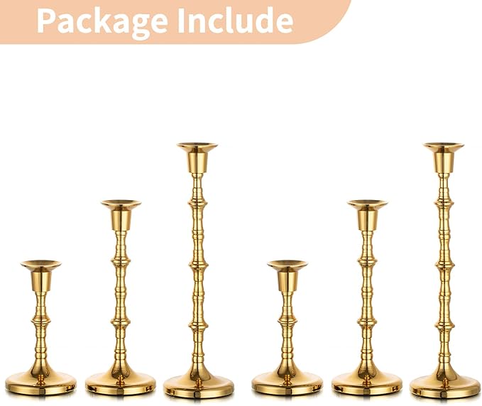 Nuptio Gold Candle Holders for Candlestick: Set of 6 Tall Taper Candle Stick Holders for Fall Thanksgiving Christmas Living Room Fireplace Dinner Table Cafe Table Decor