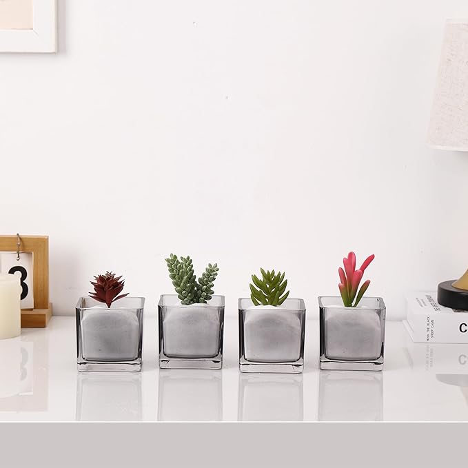 Square Vases Set of 6, 3"x 3"x 3" Glass Vases for Flowers, Square Flower Vase for Centerpieces, Small Grey Vase for Wedding, Party, Home Office Decoration