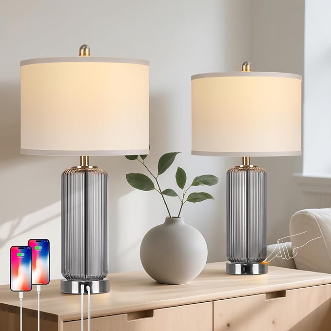 Table Lamps Set of 2 with Touch Control, 3-Way Dimmable Nightstand Lamp with Vertical Grained Glass, Grey Bedside Table Lamps, 27" Modern Glass Bedside Lamps with USB A+C Ports, Desk Lamp for Bedroom