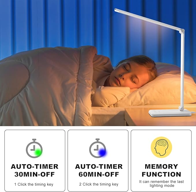 Led Desk Lamp, Desk Lamp with USB Charging Port, 5 Color Modes, 10 Brightness, Natural Light, Eye Caring Reading Lamp, Desk Light for Home Office, Table Lamp, Touch Control, Auto-Timer, White