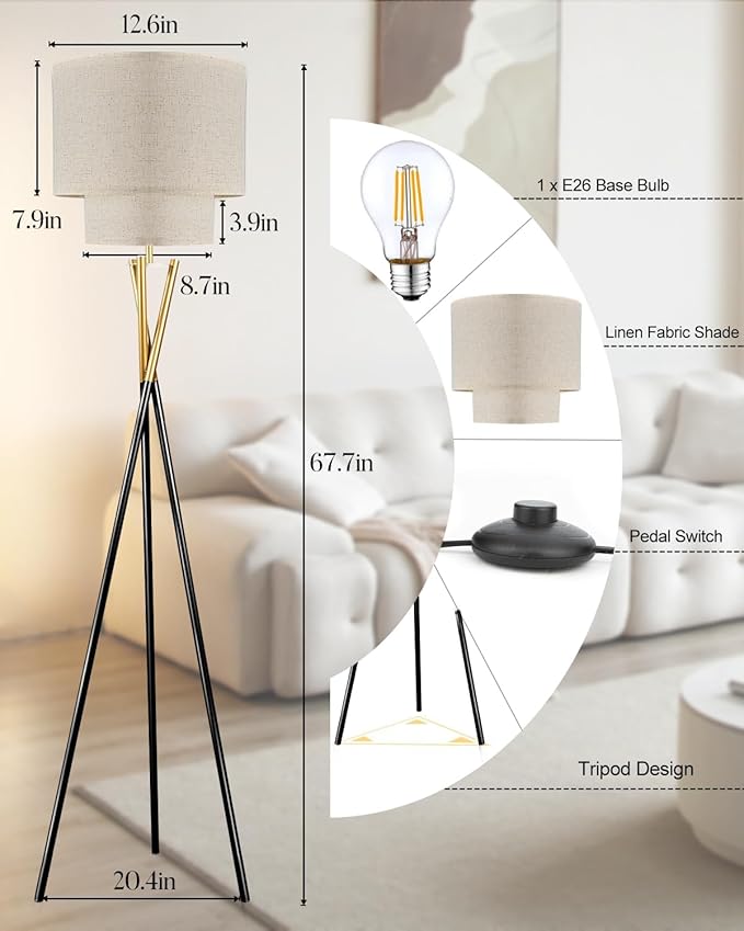 Lightdot Gold Tripod Floor Lamp, Modern Floor Lamp for Living Room, Standing Lamp with Linen Shade, E26 Bulb Included, 66" Tall Floor Lamps for Bedroom, Home Office