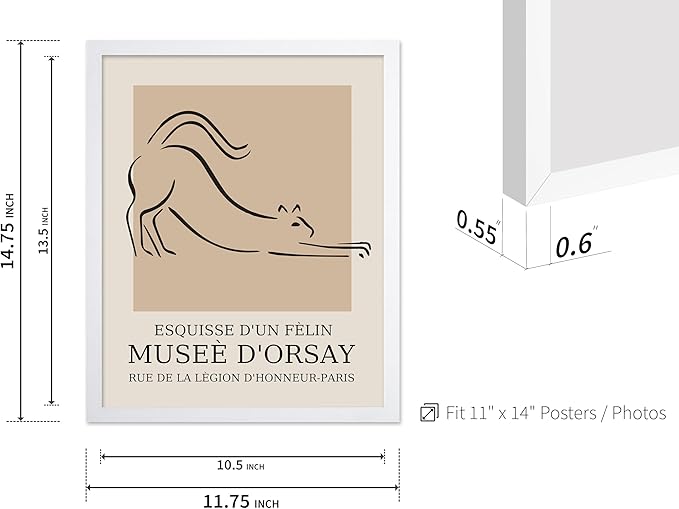 Poster Master Vintage Poster - Retro Minimalist Print - Gift for Artist, Housewarming - Cat, Line Drawing, Sketch, Abstract - Wall Decor for Living Room, Bedroom, 11x14 White Framed