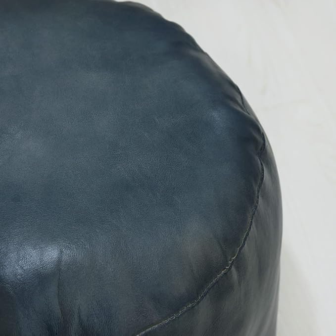 Round Shaped Goat Leather Handmade Eco-Friendly Gray Pouf - 18" x 18" x 18", Plain Solid, Recycled Cotton Filled Stuffed Leather Seating PF12