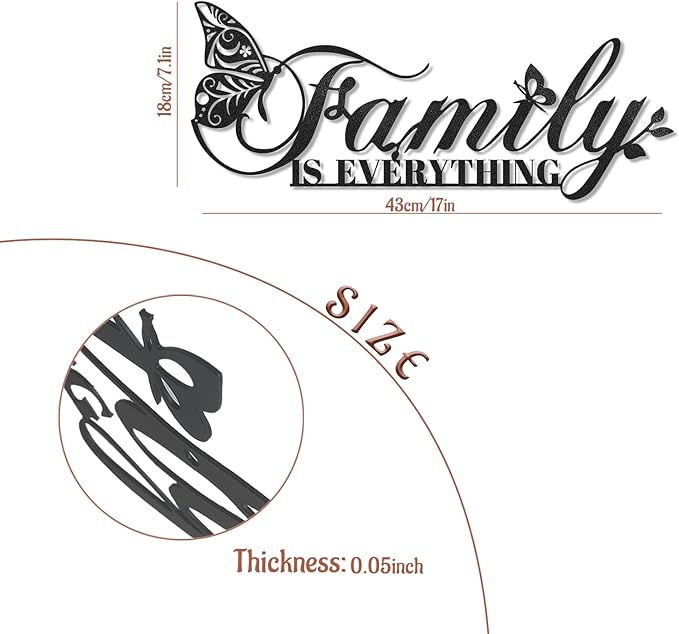 Family Signs Metal Wall Decor, Oppro Family Is Everything Word Sign with Butterfly for Home Decor, Black Art Plaque Letters for Living Room, Dining Room Bedroom Housewarming Mother's Day Father's Day Gift , 17”x6.3”