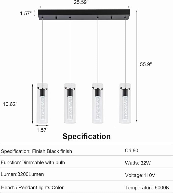 Pendant Light fixtures, Integrated 4-Light Pendant Lighting Black Finish, Dimmable Pendant Lights Kitchen Restaurant, Dining Room