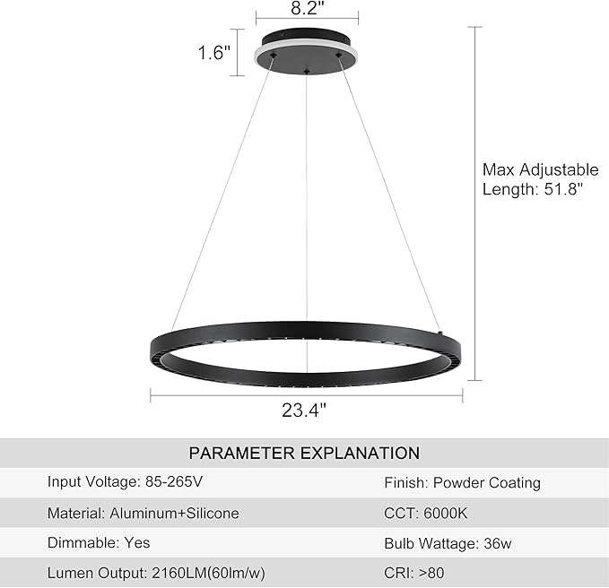 Black Modern LED Chandelier 1-Ring Circular Pendant Light 6000K 36W Dimmable Hanging Light Fixtures for Dining Room Kitchen Island Bedroom Living Room Foyer Stairway
